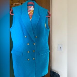 ZARA size large coat dress/ vest in turquoise with gold buttons. Double breasted